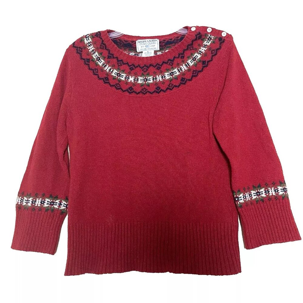 Vintage Ralph Lauren Polo Jeans Sweater Women's Large Red Fair Isle Angora Blend